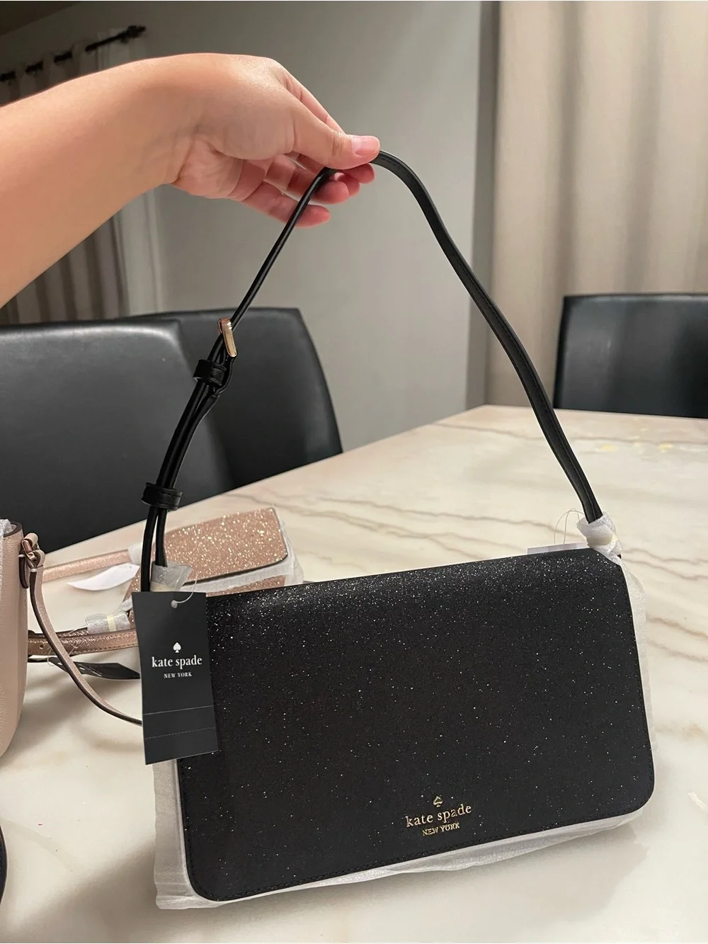 kate spade Black Glitter Shoulder Bag with Gold Logo